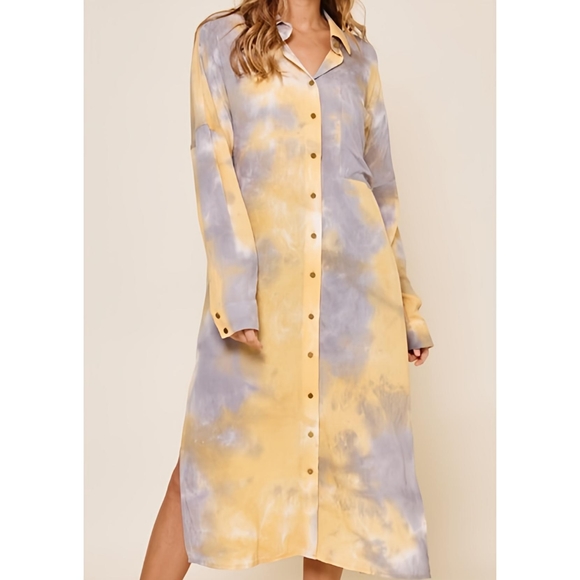 🎁Time and True Yellow/Gray Tie Dye Mix Button Long Sleeve Shirt - Picture 4 of 4